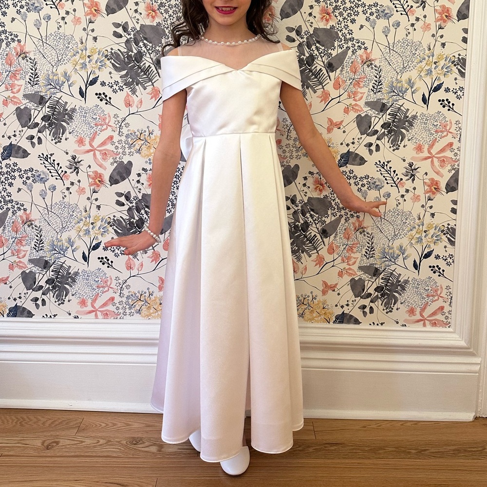 Flower Girl Communion Pageant White Satin Gown